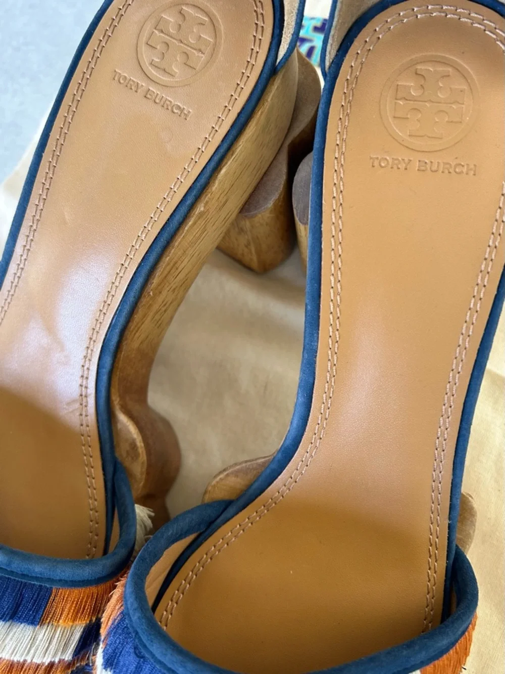 Tory Burch Alma Platform Wooden Block Heel Sandals, Blue Suede 10.5 Like New!